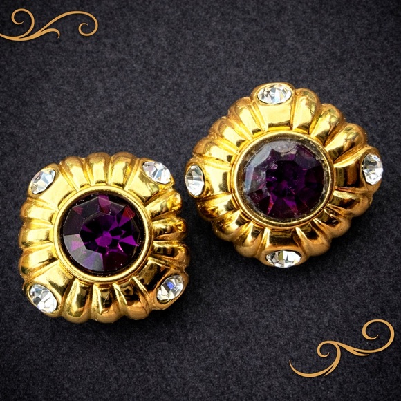 Vintage Joan Rivers Interchangeable Stud Earrings Amethyst Center Gold Tone